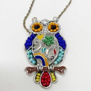 Dimensional Beaded Owl Pendant on Long Silver Chain